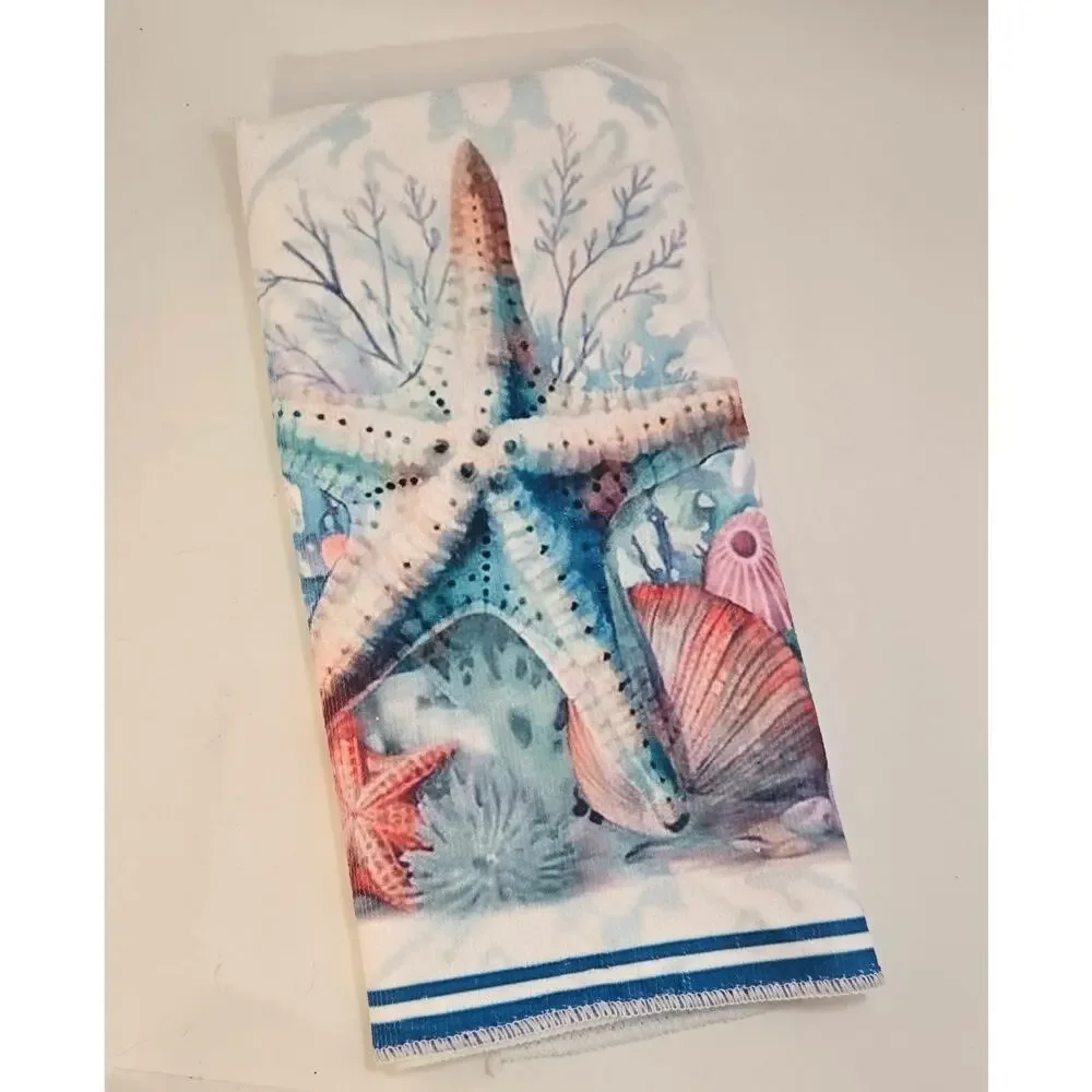 Set of 6 Handtowels Beach Coastal Kitchen Towels Ocean Seashells Nautical New